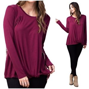 NEW Paisley Print Back Knot Front Top Blouse Shirt Tunic Burgundy Wine Boutique